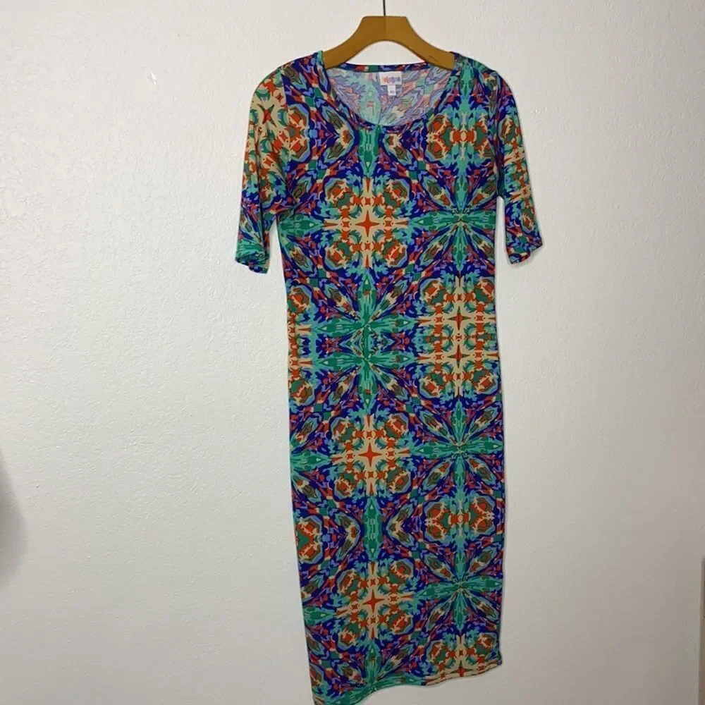LulaRoe Midi Pencil Sheath Dress Multi Color Bold Geometric Print XS